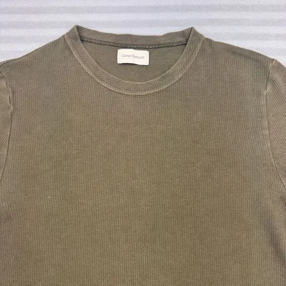 Oliver Spencer Thermal L Olive Green Long Sleeve Waffle Cotton Pullover Shirt - Picture 2 of 8